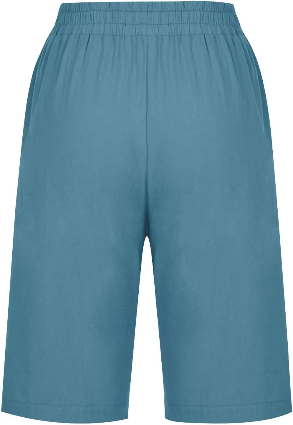 RKSTN Women Half Linen Pants with Pockets Elastic Waist Shorts Summer Beach Capris Solid Straight Wide Leg Knee Length Pant