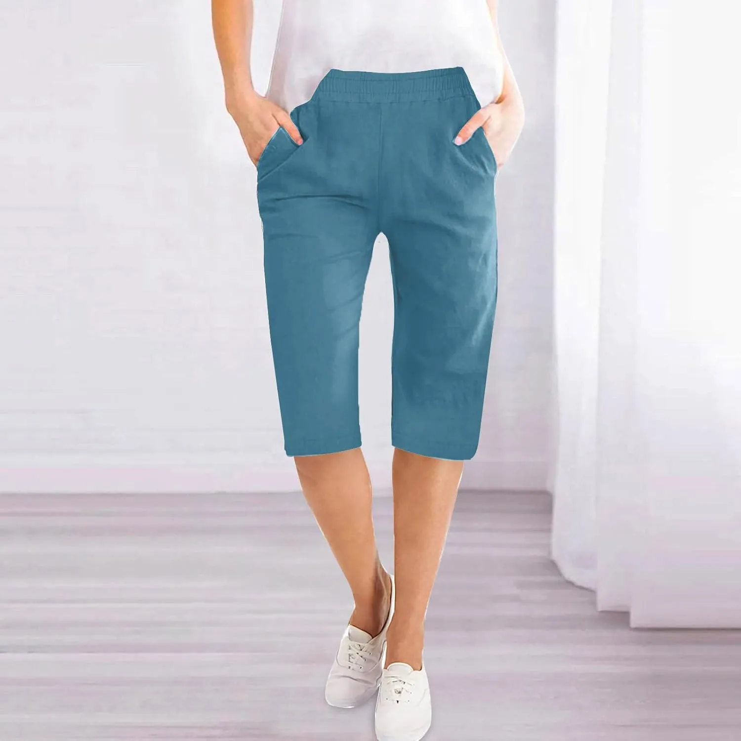 RKSTN Women Half Linen Pants with Pockets Elastic Waist Shorts Summer Beach Capris Solid Straight Wide Leg Knee Length Pant
