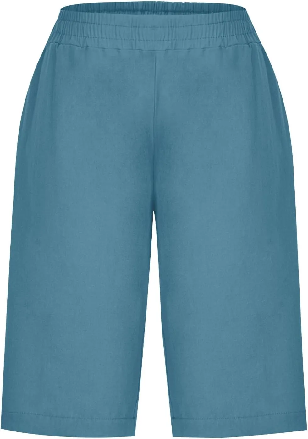 RKSTN Women Half Linen Pants with Pockets Elastic Waist Shorts Summer Beach Capris Solid Straight Wide Leg Knee Length Pant