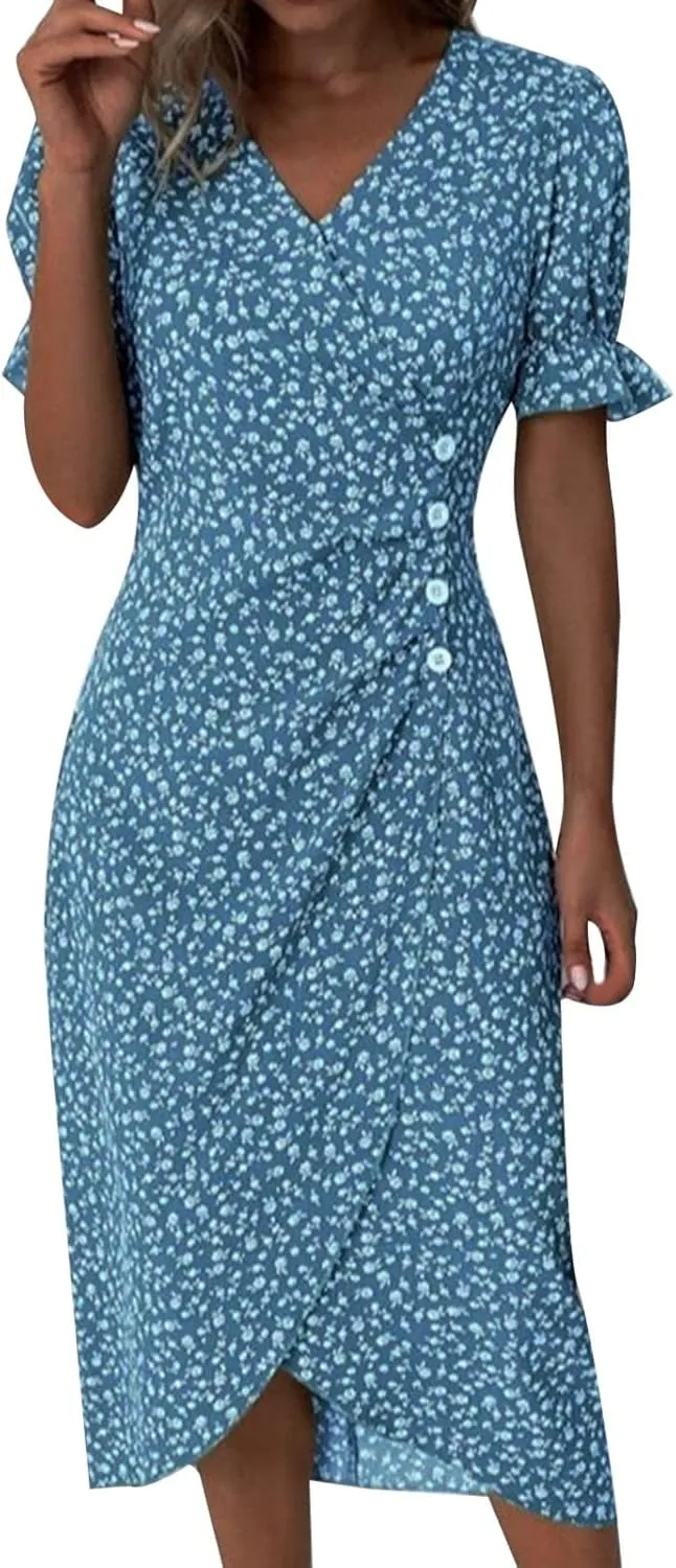 RTPR Beach Wrap Chiffon V Neck Flower Print Short Sleeve, Floral Polka Dot Button Bubble Sleeve Irregular Hem Dress