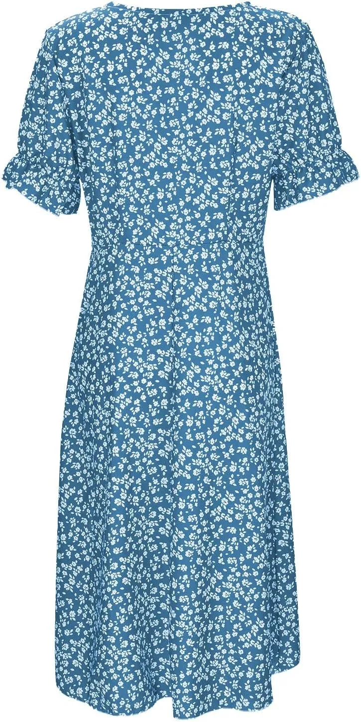 RTPR Beach Wrap Chiffon V Neck Flower Print Short Sleeve, Floral Polka Dot Button Bubble Sleeve Irregular Hem Dress