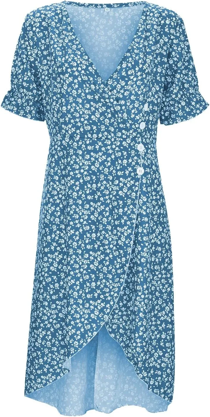 RTPR Beach Wrap Chiffon V Neck Flower Print Short Sleeve, Floral Polka Dot Button Bubble Sleeve Irregular Hem Dress
