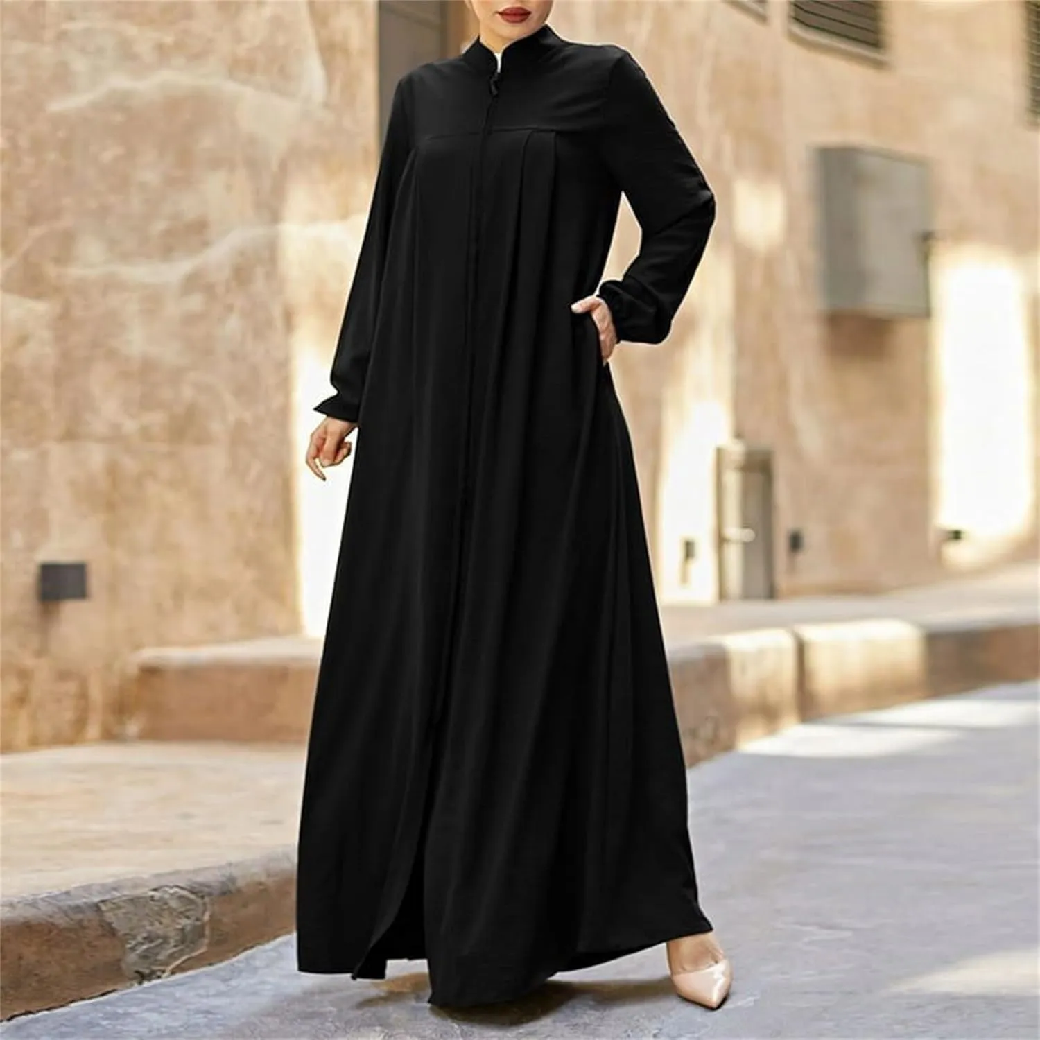 Ruffle Hem Muslim Abaya Women Plus Size Crewneck Long Sleeve Maxi Dress Arabian Dubai Islamic Robe Without Headscarf