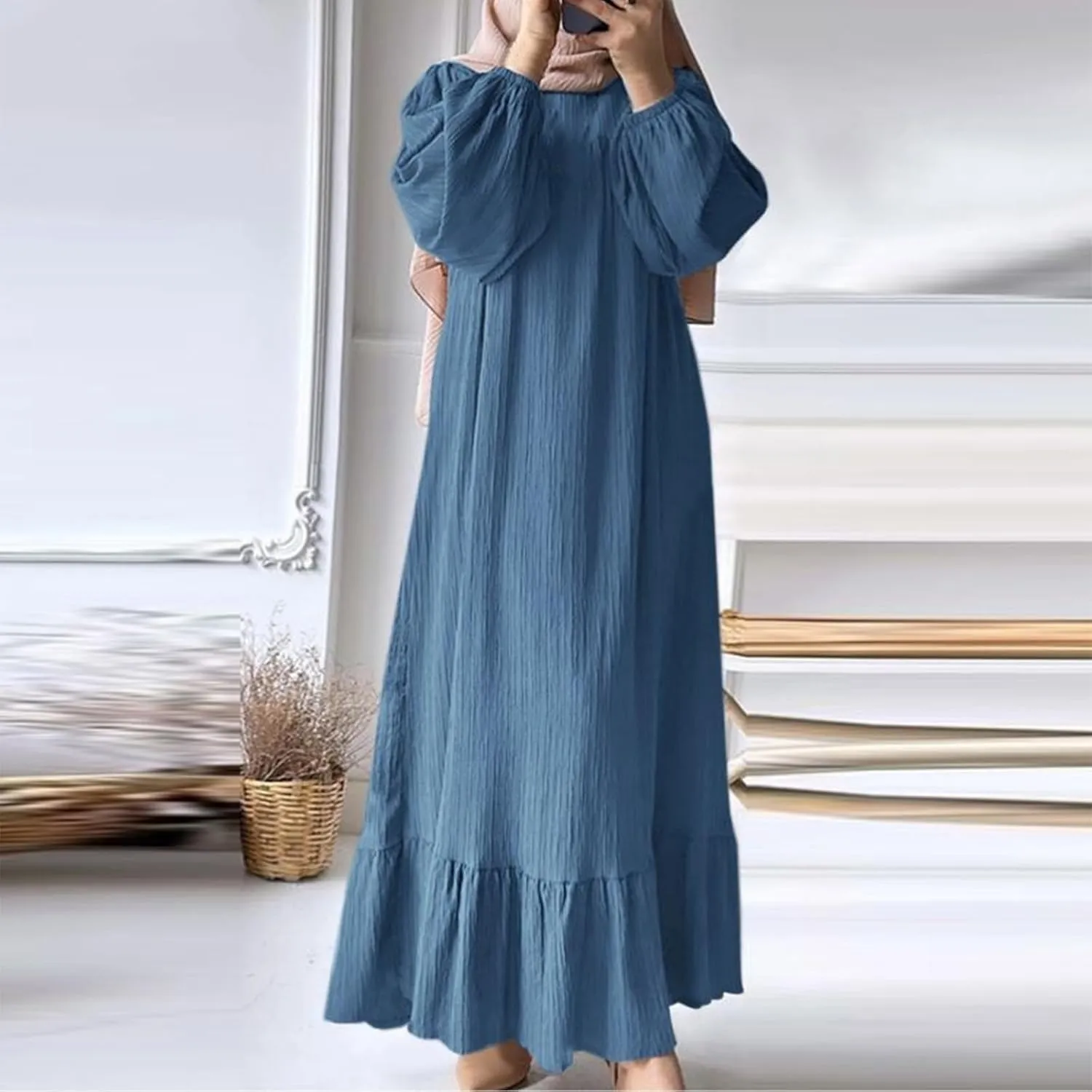 Ruffle Hem Muslim Abaya Women Plus Size Crewneck Long Sleeve Maxi Dress Arabian Dubai Islamic Robe Without Headscarf