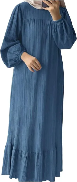 Ruffle Hem Muslim Abaya Women Plus Size Crewneck Long Sleeve Maxi Dress Arabian Dubai Islamic Robe Without Headscarf