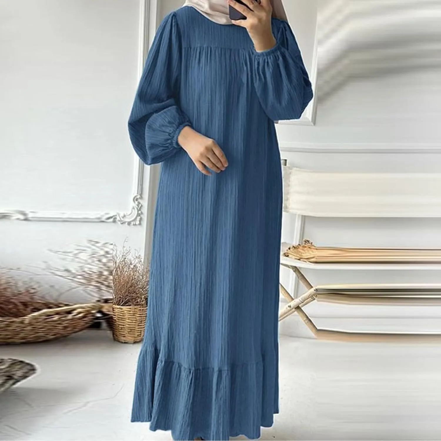Ruffle Hem Muslim Abaya Women Plus Size Crewneck Long Sleeve Maxi Dress Arabian Dubai Islamic Robe Without Headscarf