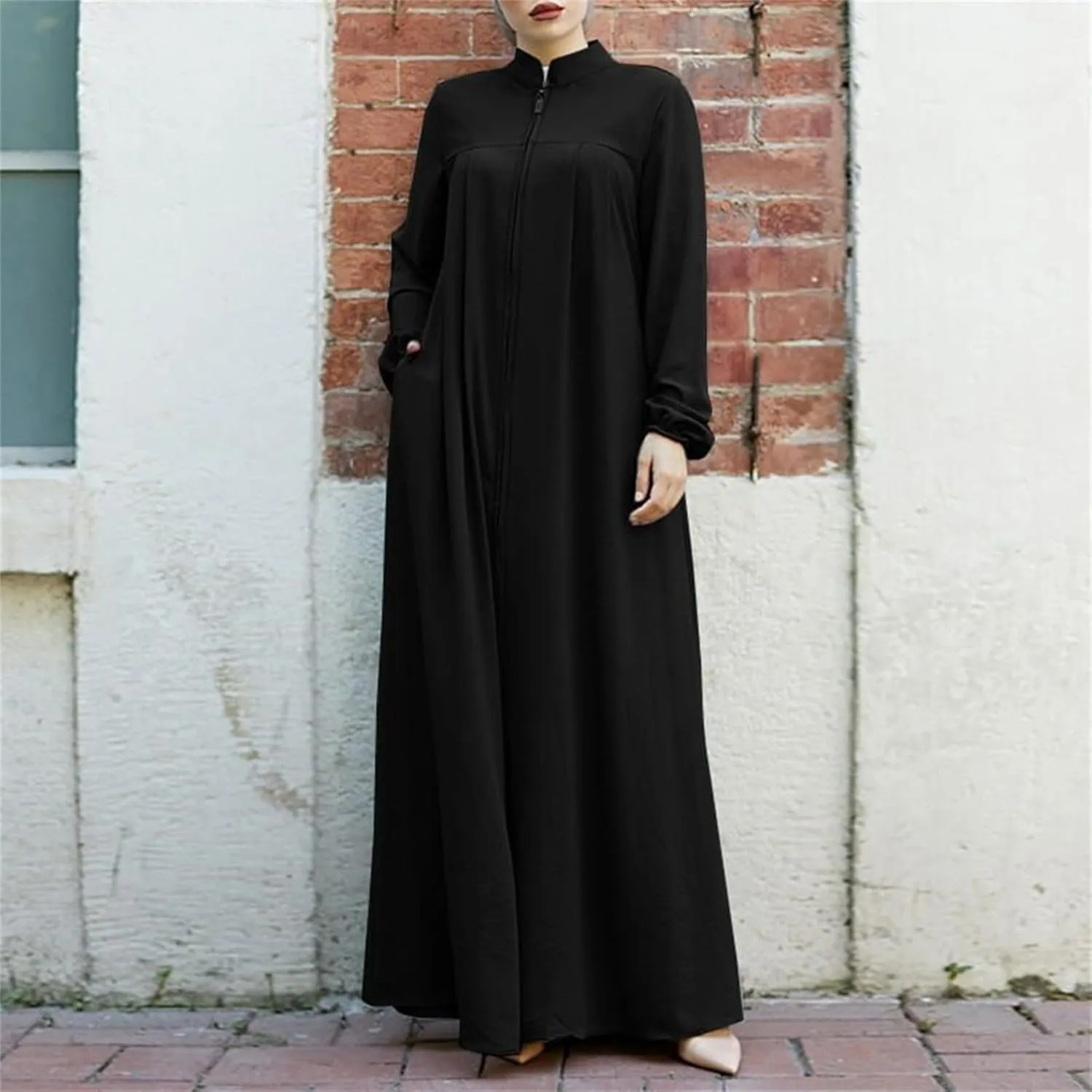 Ruffle Hem Muslim Abaya Women Plus Size Crewneck Long Sleeve Maxi Dress Arabian Dubai Islamic Robe Without Headscarf