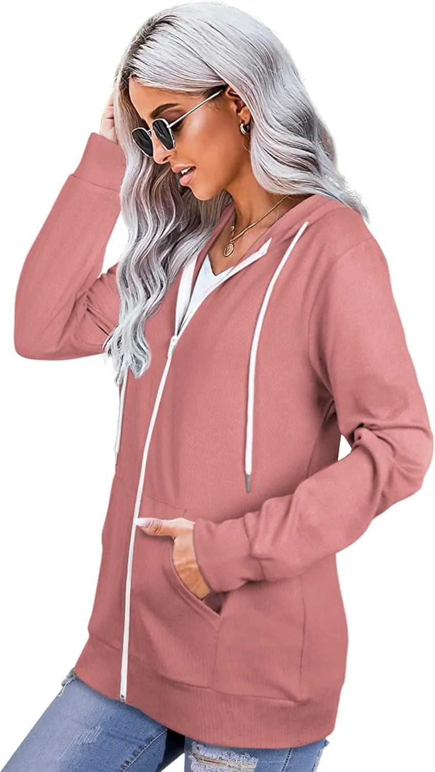 Saloogoe Lightweight Zip Up Hoodies for Women Hooded Sweatshirts Long Sleeve Thin Jacket with Zipper