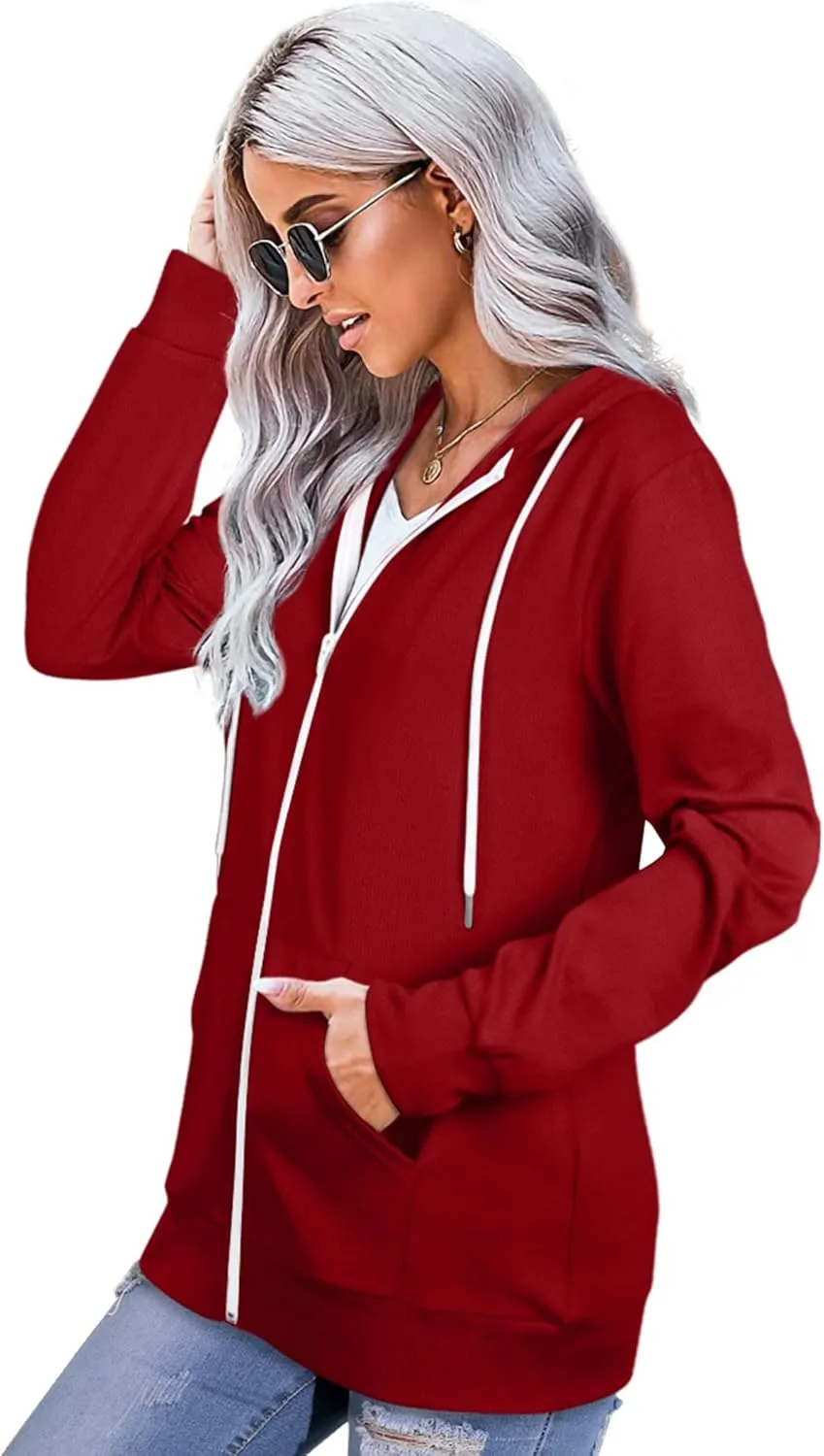 Saloogoe Lightweight Zip Up Hoodies for Women Hooded Sweatshirts Long Sleeve Thin Jacket with Zipper