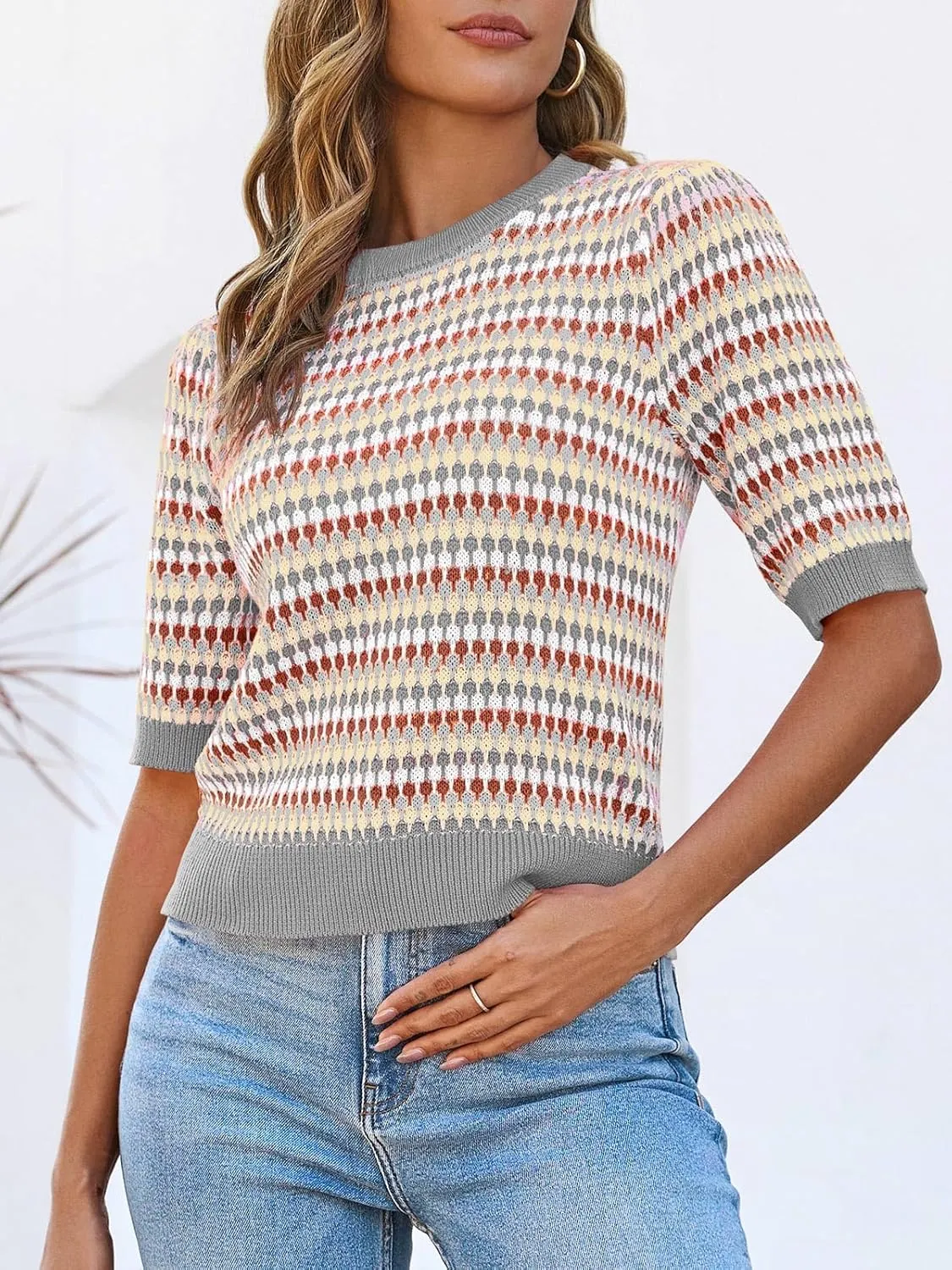 Saodimallsu Womens Short Sleeve Striped Sweater Tops Summer Color Block Crew Neck Cute Colorful Going Out Shirts
