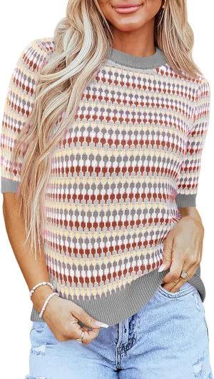 Saodimallsu Womens Short Sleeve Striped Sweater Tops Summer Color Block Crew Neck Cute Colorful Going Out Shirts
