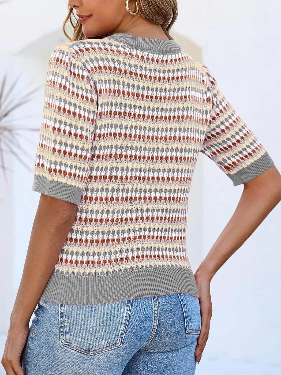 Saodimallsu Womens Short Sleeve Striped Sweater Tops Summer Color Block Crew Neck Cute Colorful Going Out Shirts