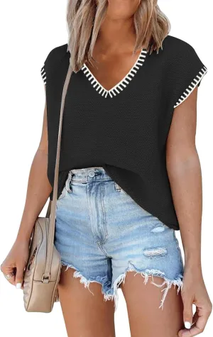 SAUKOLE Women's Sleeveless Sweater Vest Casual V Neck Cap Sleeve Knit Pullover Tank Tops 2025 Spring Clothes