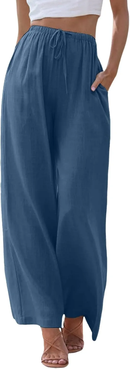 sdbrld Pantalones De Lino De Las Mujeres Linen Wide Leg Pants for Women Shorts Linen Pants Women Summer,Womens Linen Pants with Pockets High Waist Adjustable Knot Casual Trousers (Z41-Blue, M)