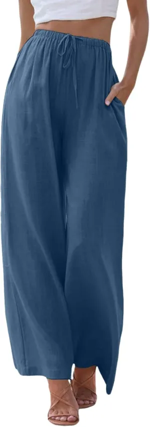 sdbrld Pantalones De Lino De Las Mujeres Linen Wide Leg Pants for Women Shorts Linen Pants Women Summer,Womens Linen Pants with Pockets High Waist Adjustable Knot Casual Trousers (Z41-Blue, M)