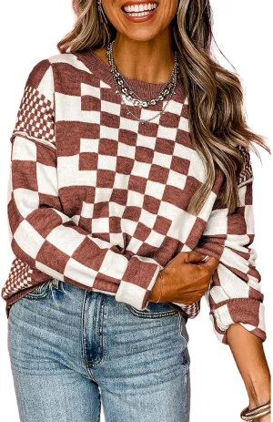 SELINK Women's Crewneck Sweaters Long Sleeve Checkered Print Loose Knitted Pullover Tops