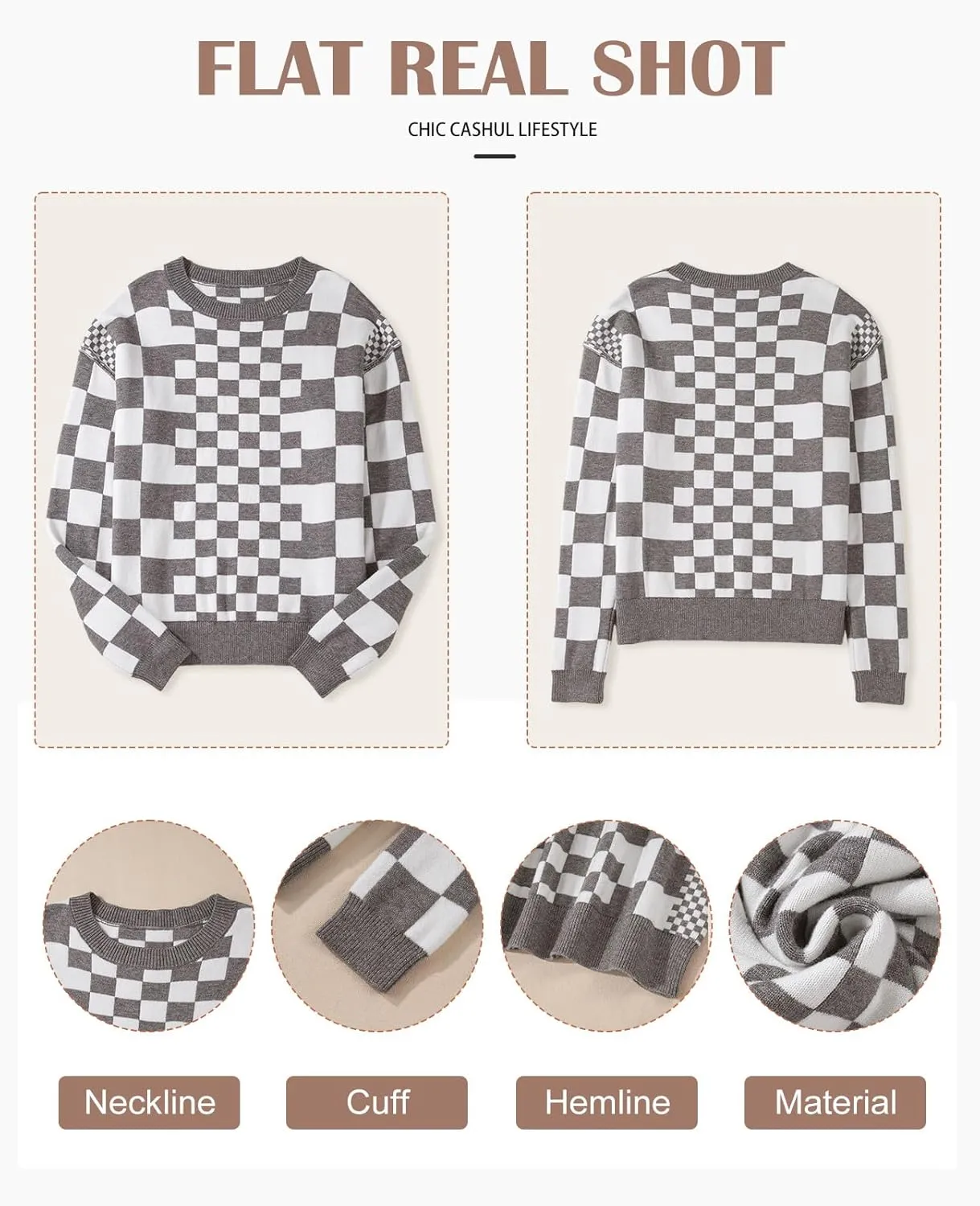 SELINK Women's Crewneck Sweaters Long Sleeve Checkered Print Loose Knitted Pullover Tops
