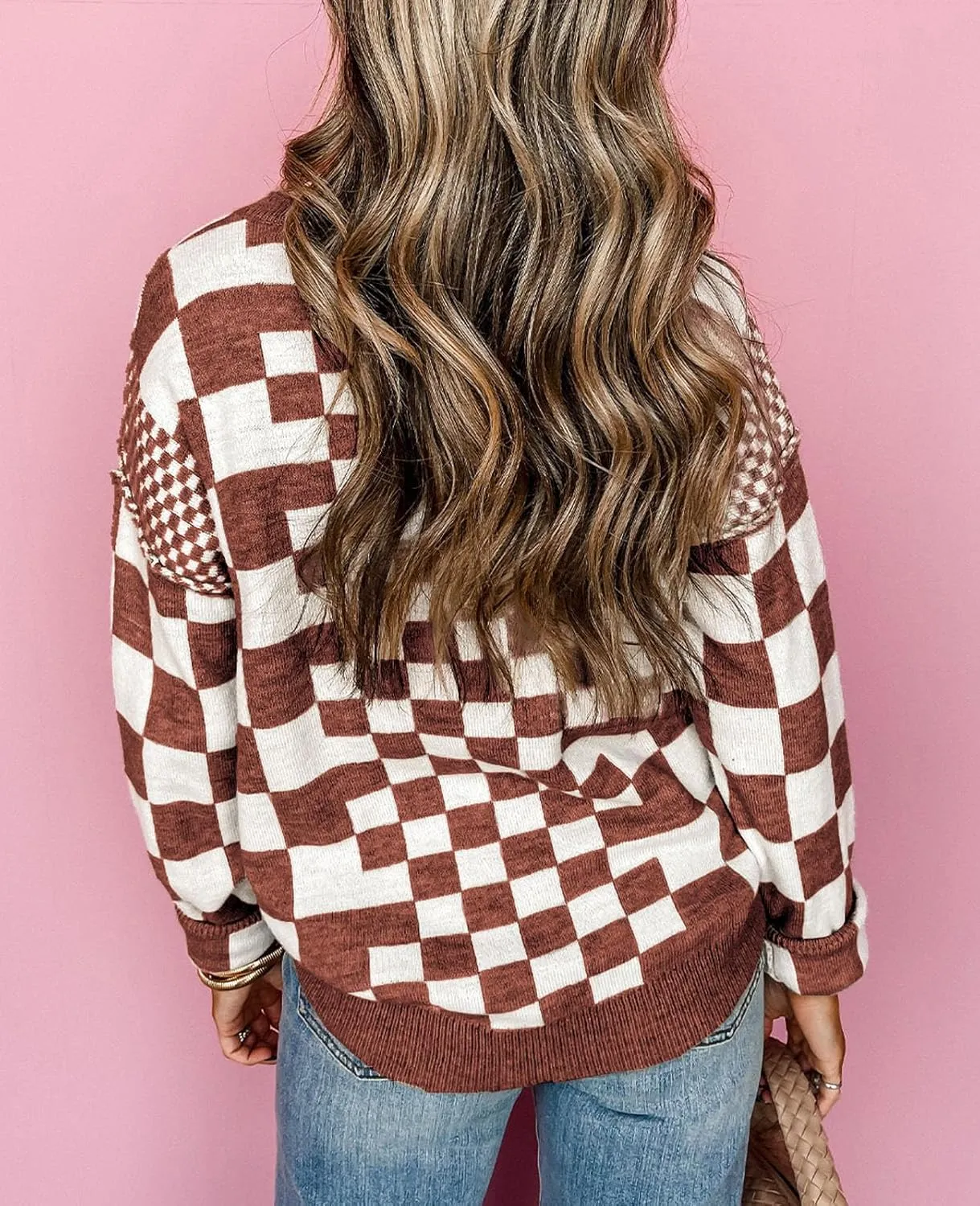 SELINK Women's Crewneck Sweaters Long Sleeve Checkered Print Loose Knitted Pullover Tops