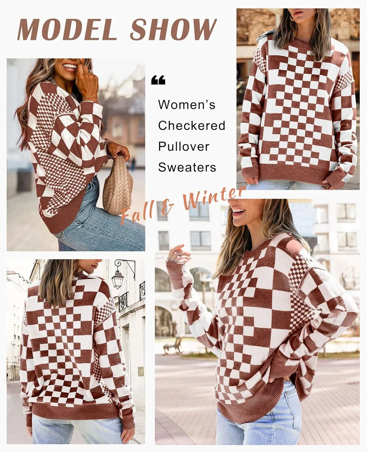 SELINK Women's Crewneck Sweaters Long Sleeve Checkered Print Loose Knitted Pullover Tops