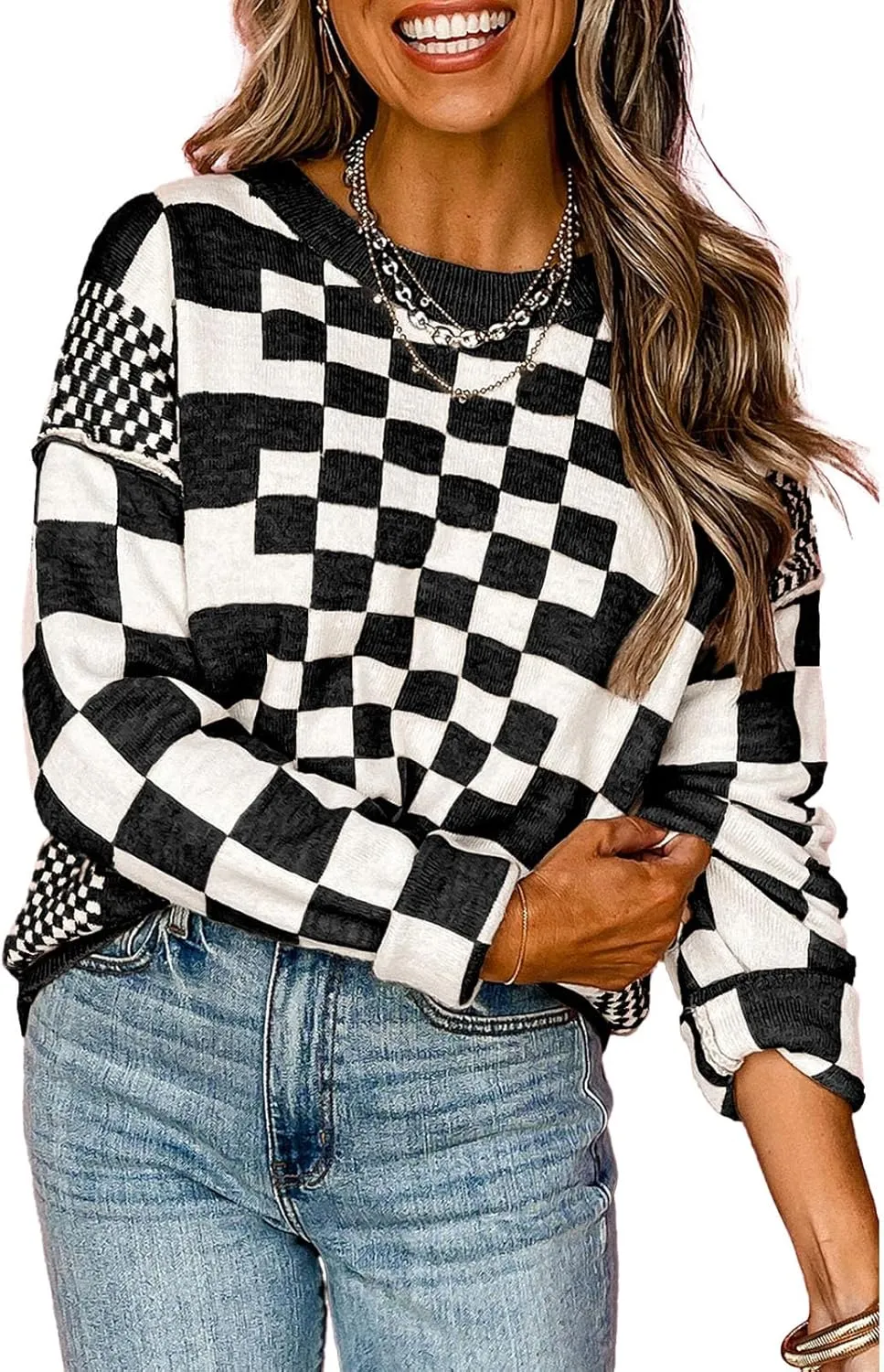 SELINK Women's Crewneck Sweaters Long Sleeve Checkered Print Loose Knitted Pullover Tops