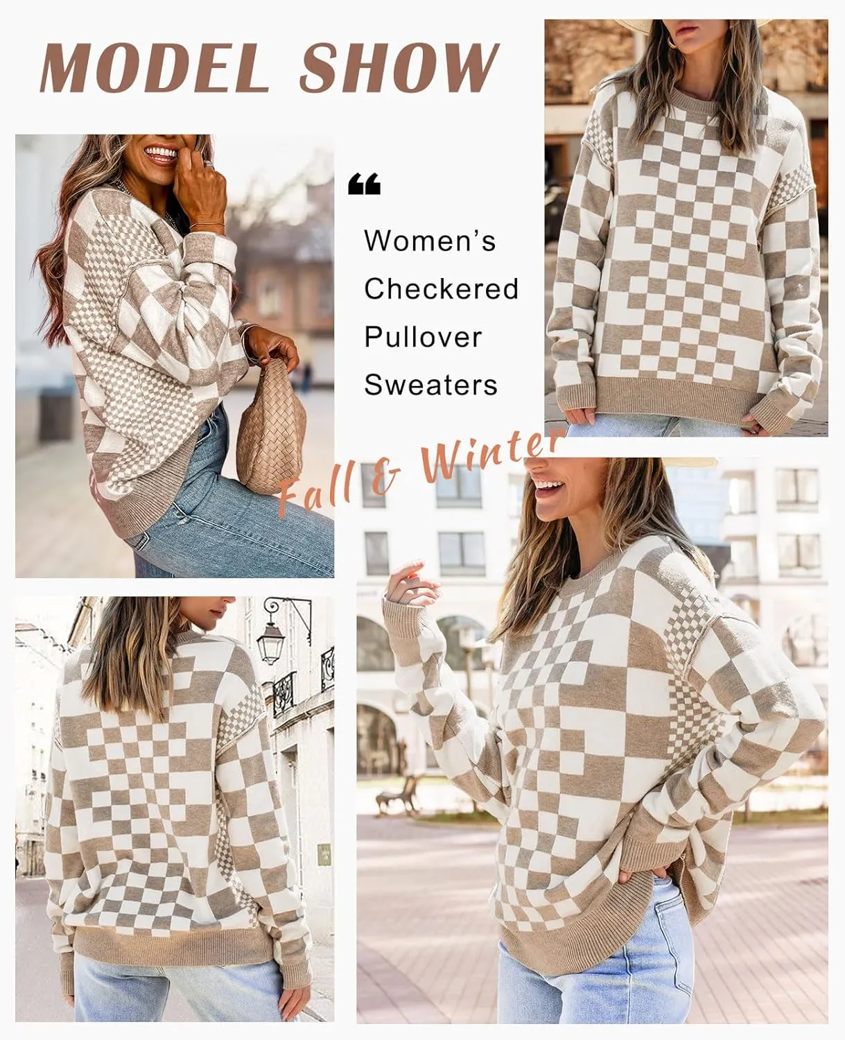 SELINK Women's Crewneck Sweaters Long Sleeve Checkered Print Loose Knitted Pullover Tops