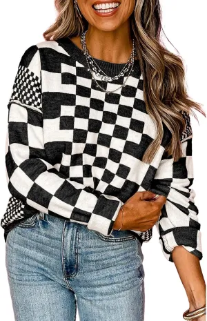 SELINK Women's Crewneck Sweaters Long Sleeve Checkered Print Loose Knitted Pullover Tops