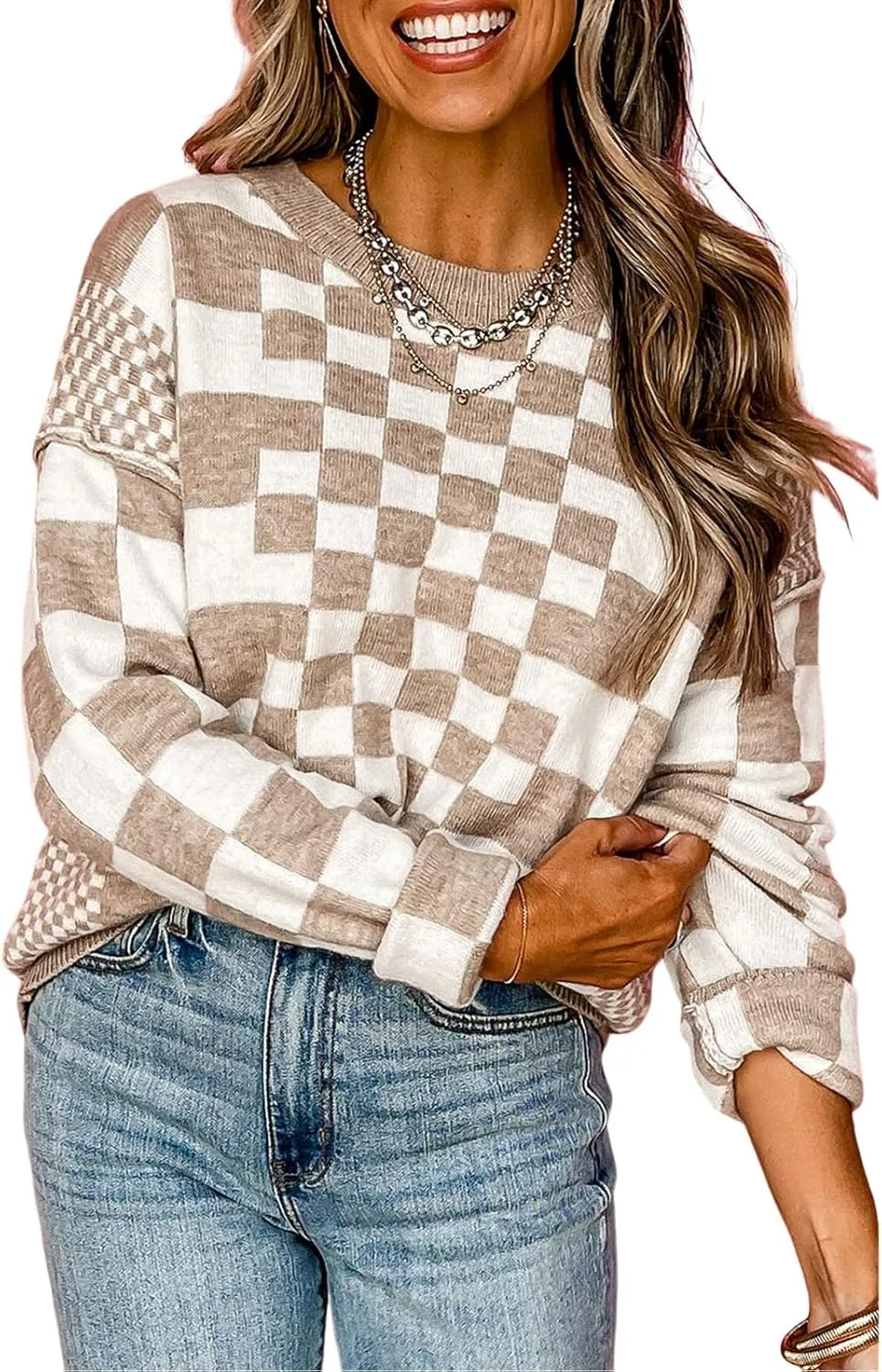 SELINK Women's Crewneck Sweaters Long Sleeve Checkered Print Loose Knitted Pullover Tops