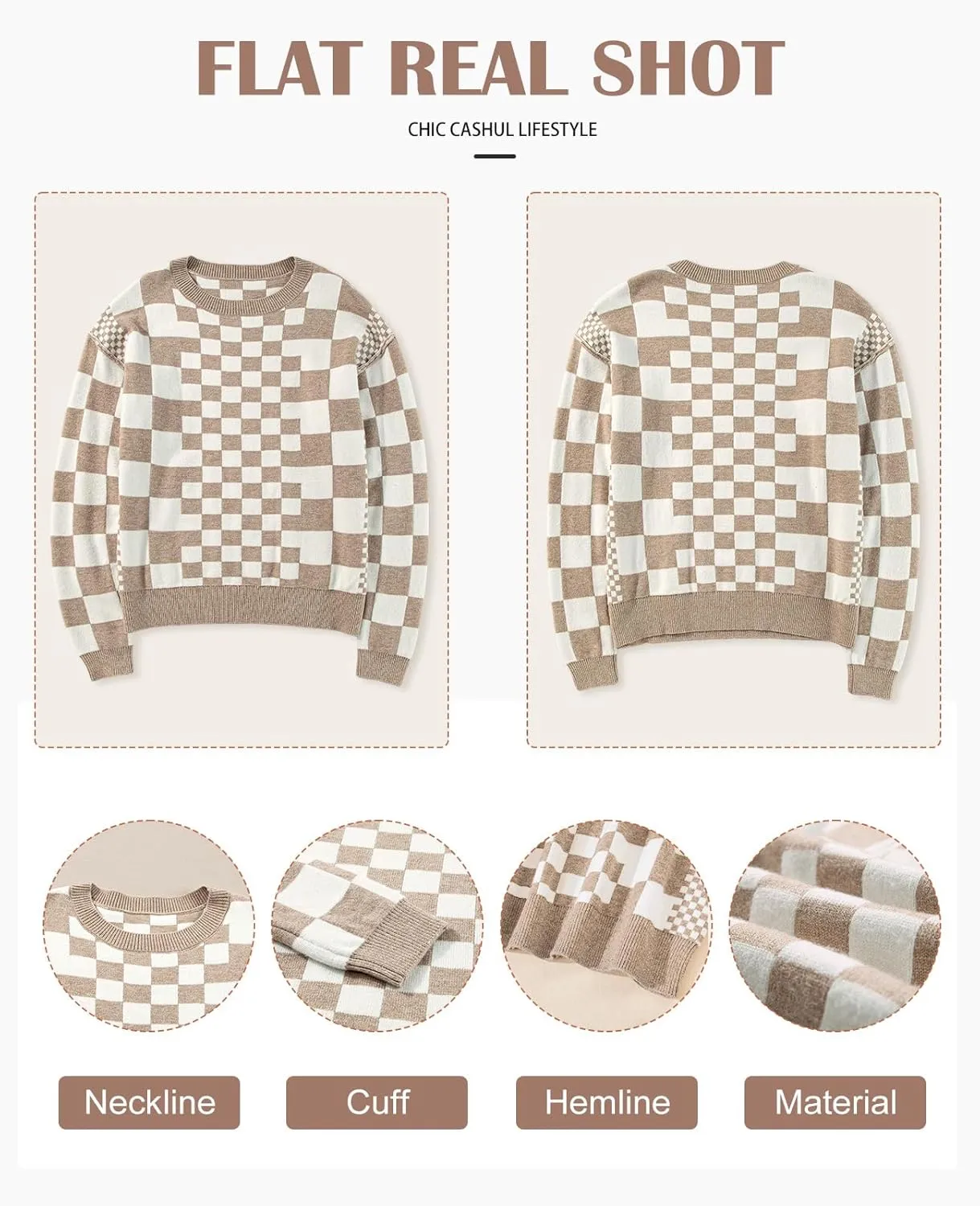 SELINK Women's Crewneck Sweaters Long Sleeve Checkered Print Loose Knitted Pullover Tops