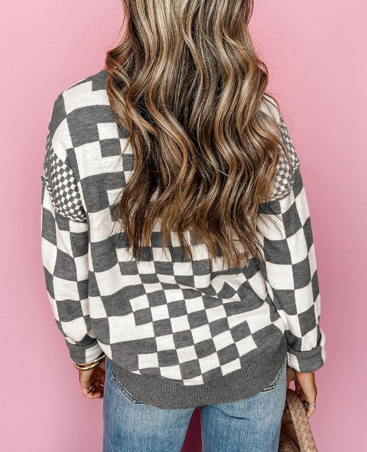 SELINK Women's Crewneck Sweaters Long Sleeve Checkered Print Loose Knitted Pullover Tops