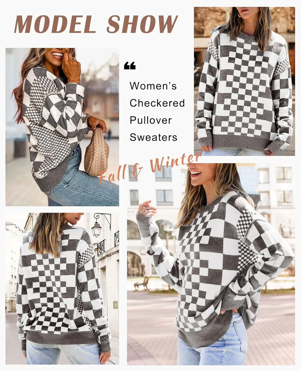 SELINK Women's Crewneck Sweaters Long Sleeve Checkered Print Loose Knitted Pullover Tops