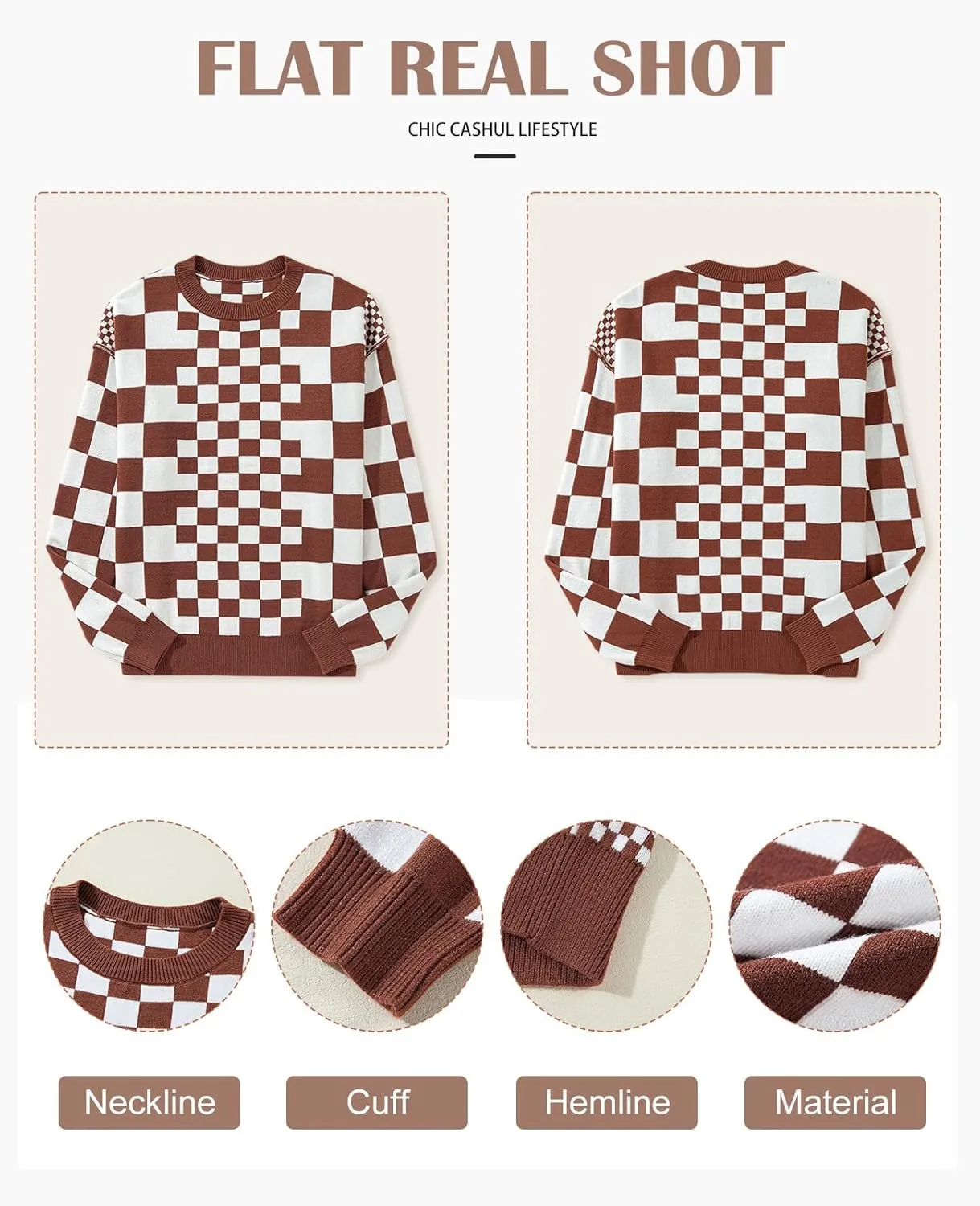 SELINK Women's Crewneck Sweaters Long Sleeve Checkered Print Loose Knitted Pullover Tops