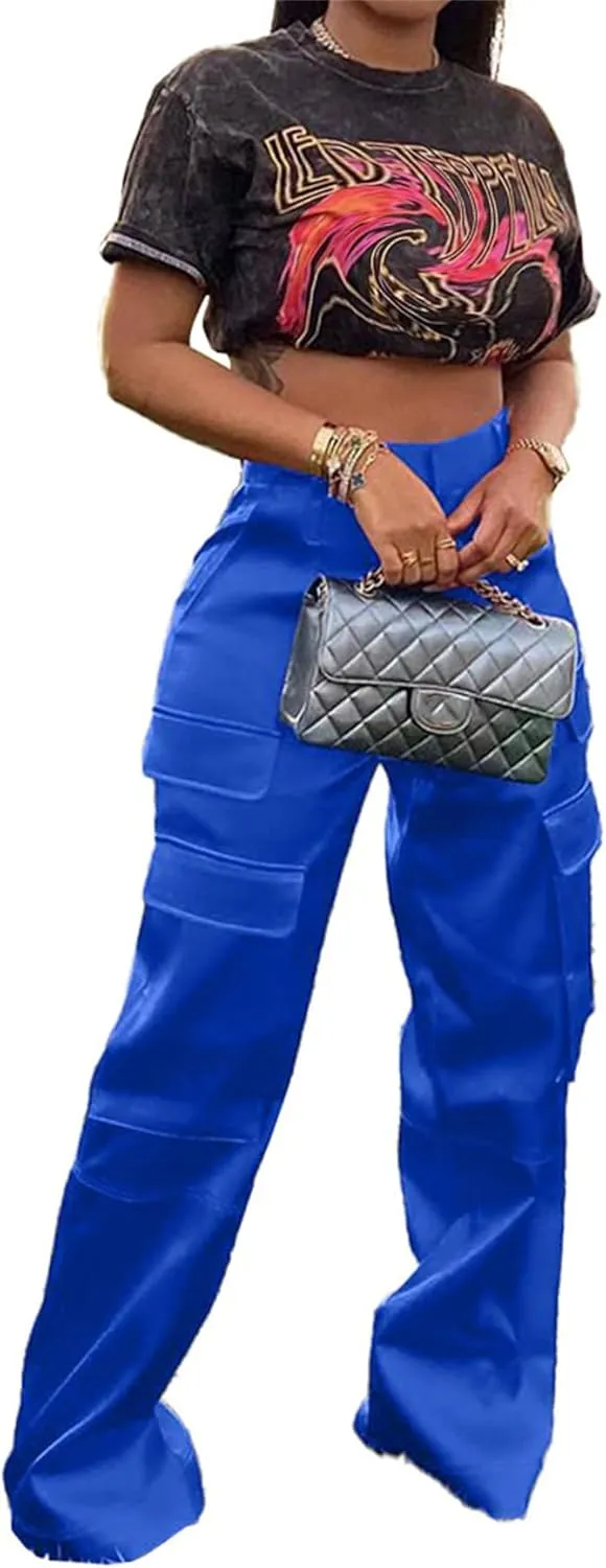 Seltaon Womens Casual Satin Cargo Pants High Waisted Wide Leg Trousers with Pockets Y2K Streetwear