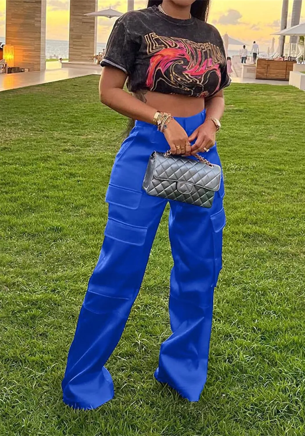 Seltaon Womens Casual Satin Cargo Pants High Waisted Wide Leg Trousers with Pockets Y2K Streetwear