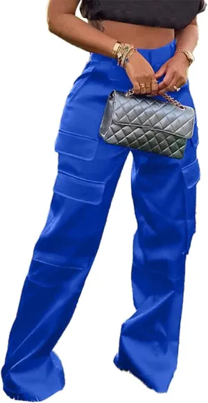 Seltaon Womens Casual Satin Cargo Pants High Waisted Wide Leg Trousers with Pockets Y2K Streetwear