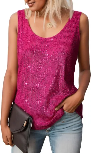 Sequin Sleeveless Tank Tops for Women, Scoop Neck Womens Silver Sparkly top