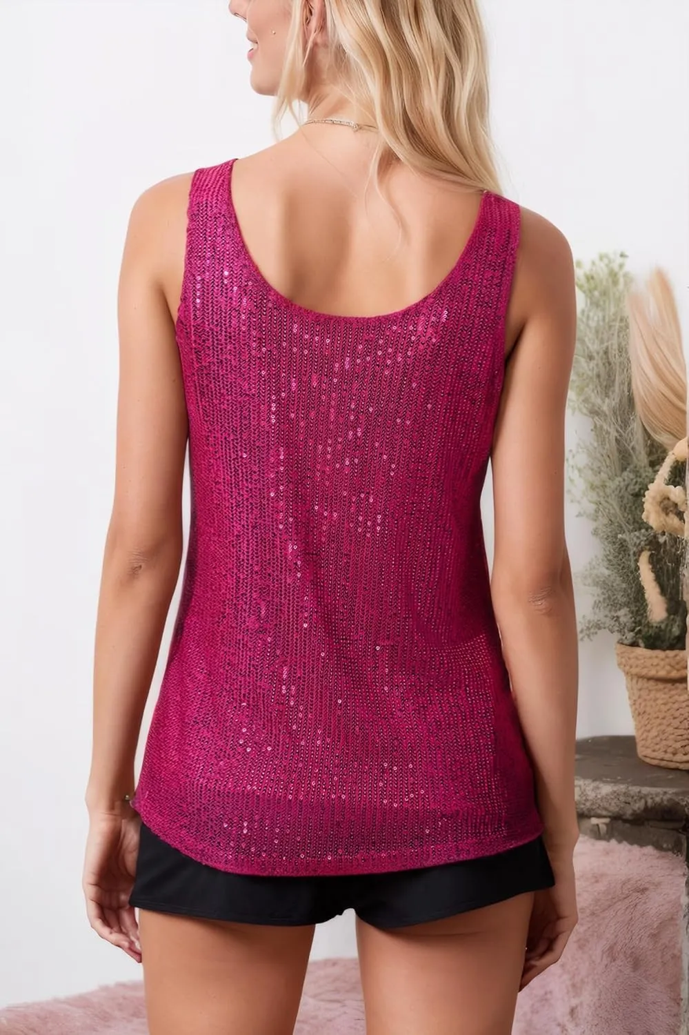 Sequin Sleeveless Tank Tops for Women, Scoop Neck Womens Silver Sparkly top