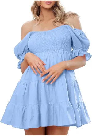 Sexy Dresses for Women 2025 Summer Cotton Lantern Sleeves Short Sundress Ruffled Off Shoulder A-Line Mini Dresses