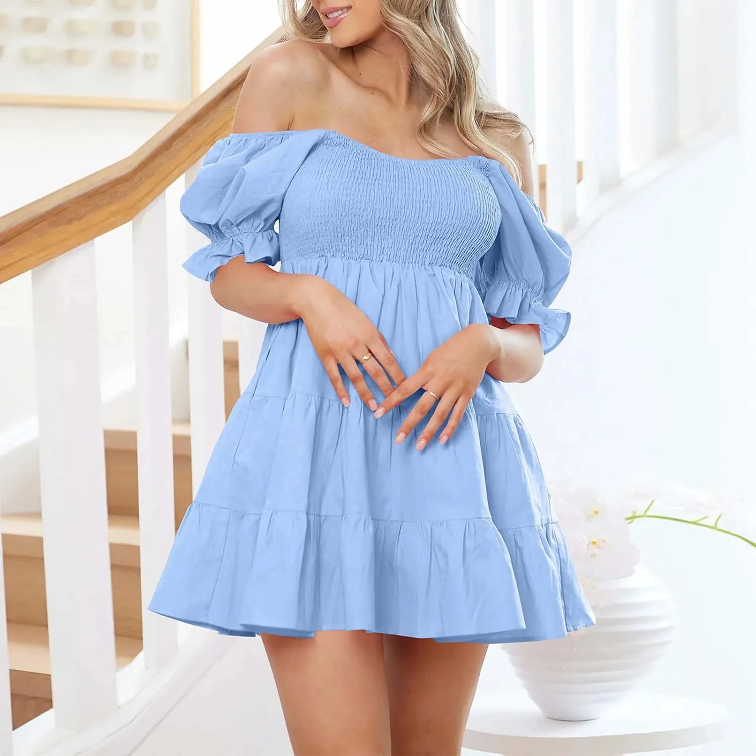 Sexy Dresses for Women 2025 Summer Cotton Lantern Sleeves Short Sundress Ruffled Off Shoulder A-Line Mini Dresses