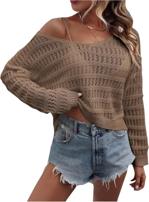 SHENHE Women's Crochet Hollow Out Drop Shoulder Scoop Neck Long Sleeve Sweater Top