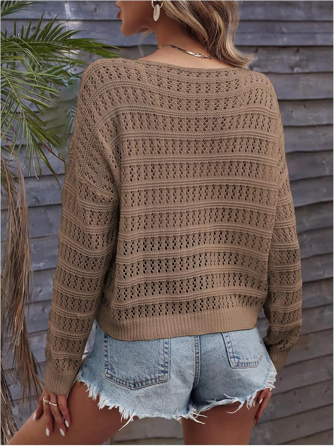 SHENHE Women's Crochet Hollow Out Drop Shoulder Scoop Neck Long Sleeve Sweater Top