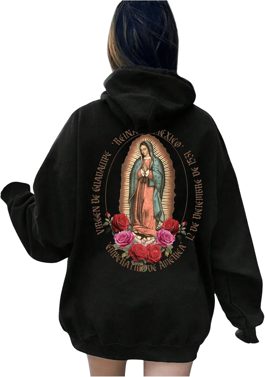 SHENHE Women's Graphic Loose Fit Virgin Mary Print Drawstring Hoodie Sweatshirt Pullover