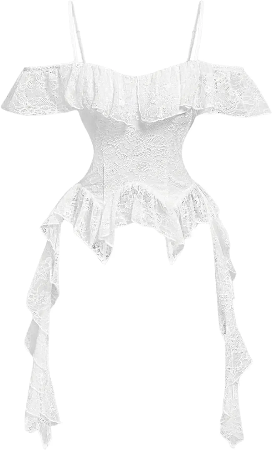 SHENHE Women's Lace Ruffle Cami Cold Shoulder Strap Slim Fit Camisole Top