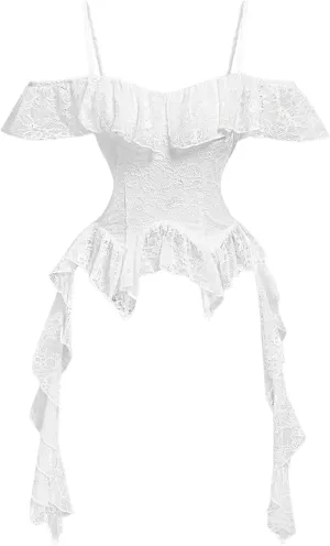 SHENHE Women's Lace Ruffle Cami Cold Shoulder Strap Slim Fit Camisole Top
