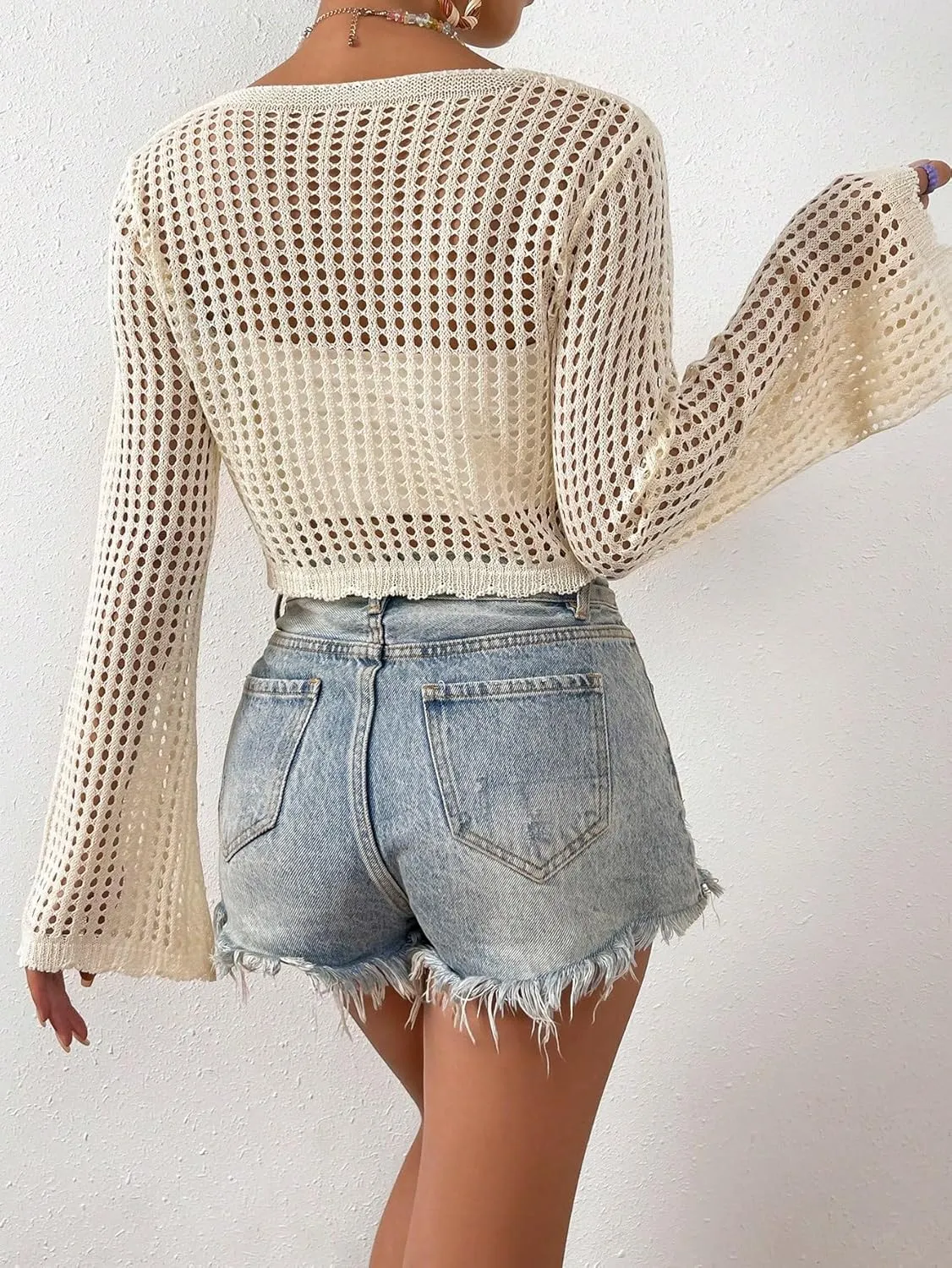 SHENHE Women's Tie Front Tops Bell Long Sleeve Knit Crochet Cardigan Crop Top