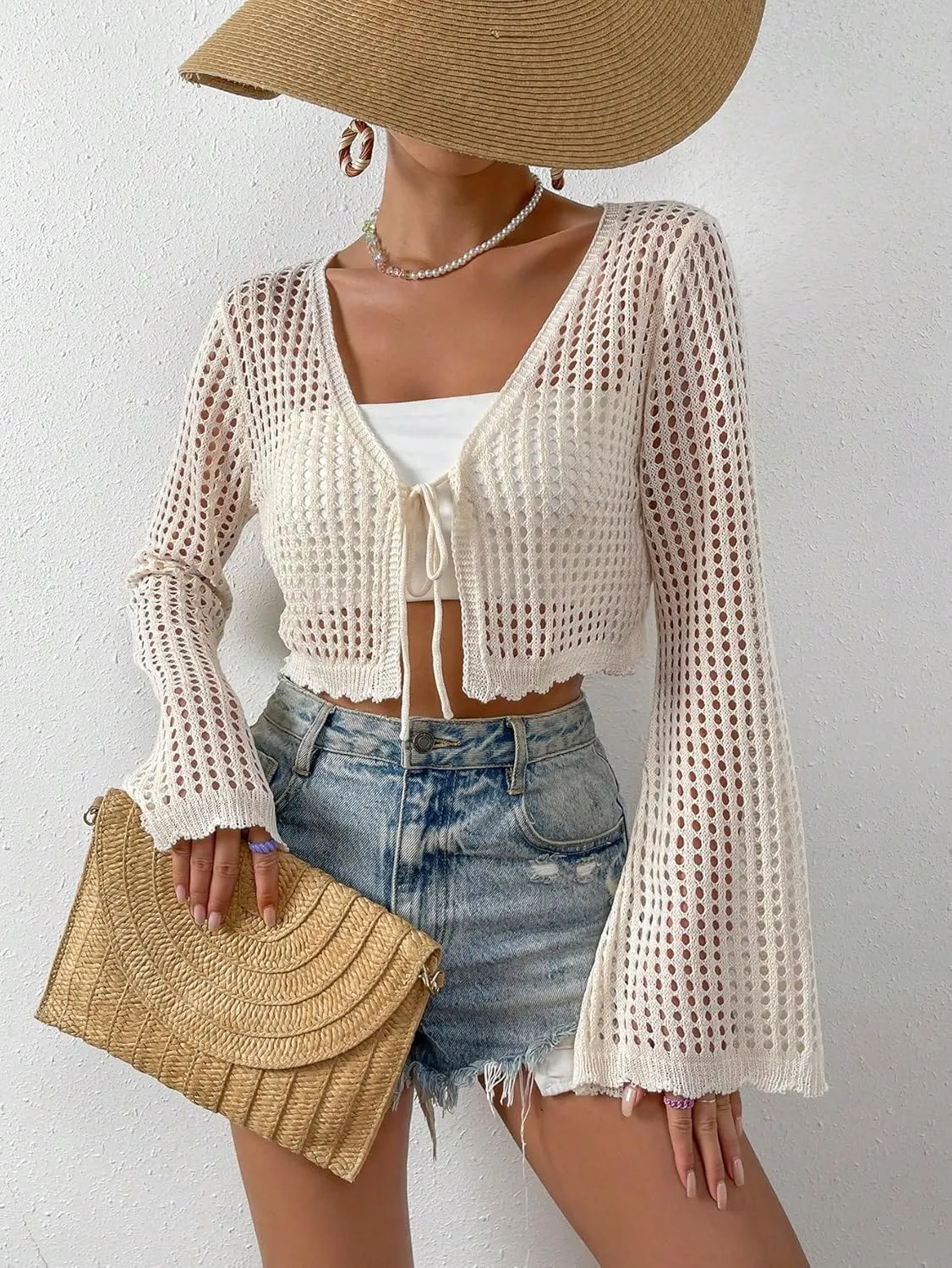 SHENHE Women's Tie Front Tops Bell Long Sleeve Knit Crochet Cardigan Crop Top