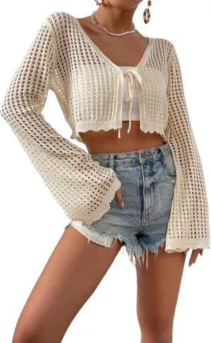 SHENHE Women's Tie Front Tops Bell Long Sleeve Knit Crochet Cardigan Crop Top