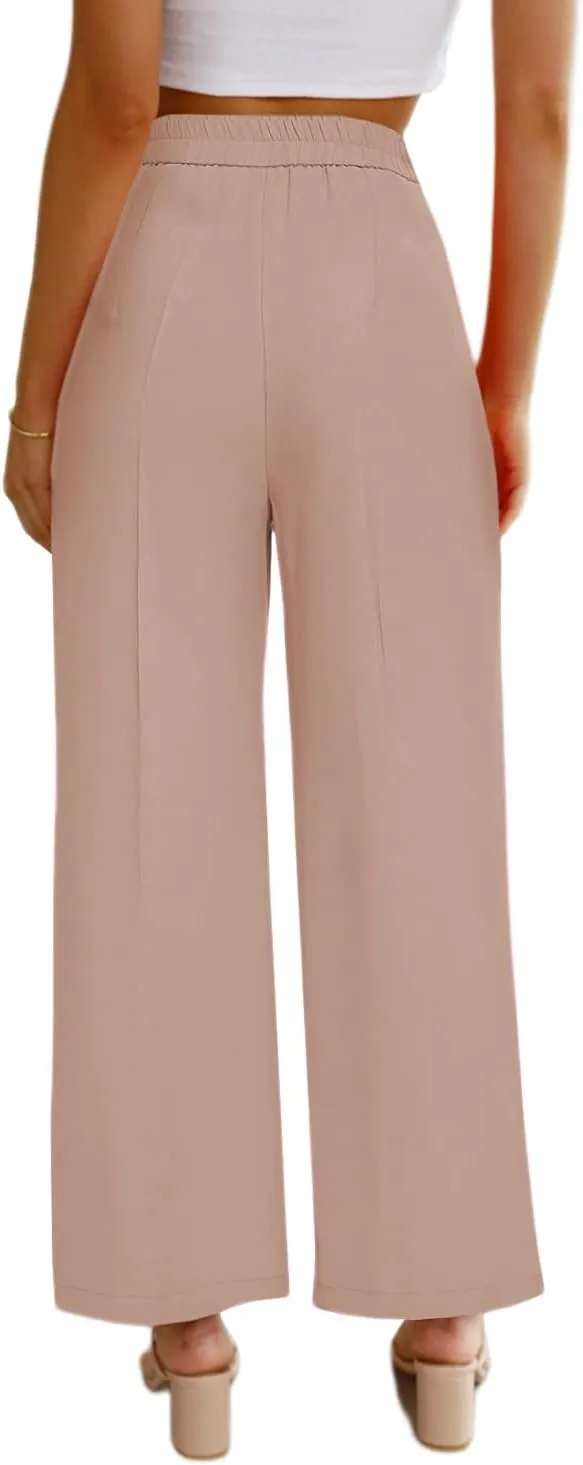 SHIPE Womens Casual Wide Leg Flowy Pants Elastic Waist Work Office Pants Pants with Pockets, S-XL