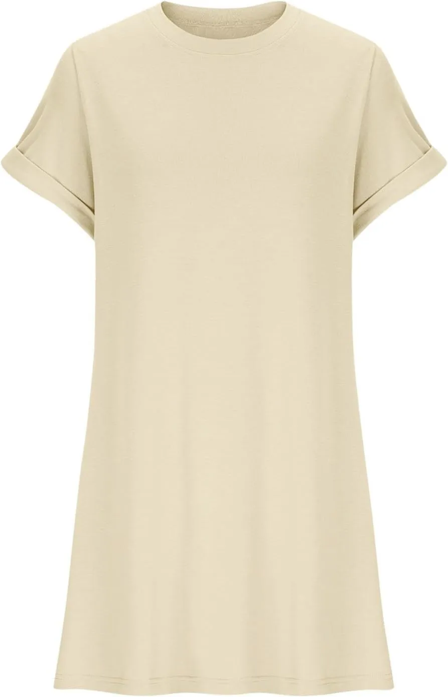 Short Sleeve Dresses for Women Summer Trendy Crewneck Tshirt Dress Casual Loose Fit Solid Mini Dresses with Pockets