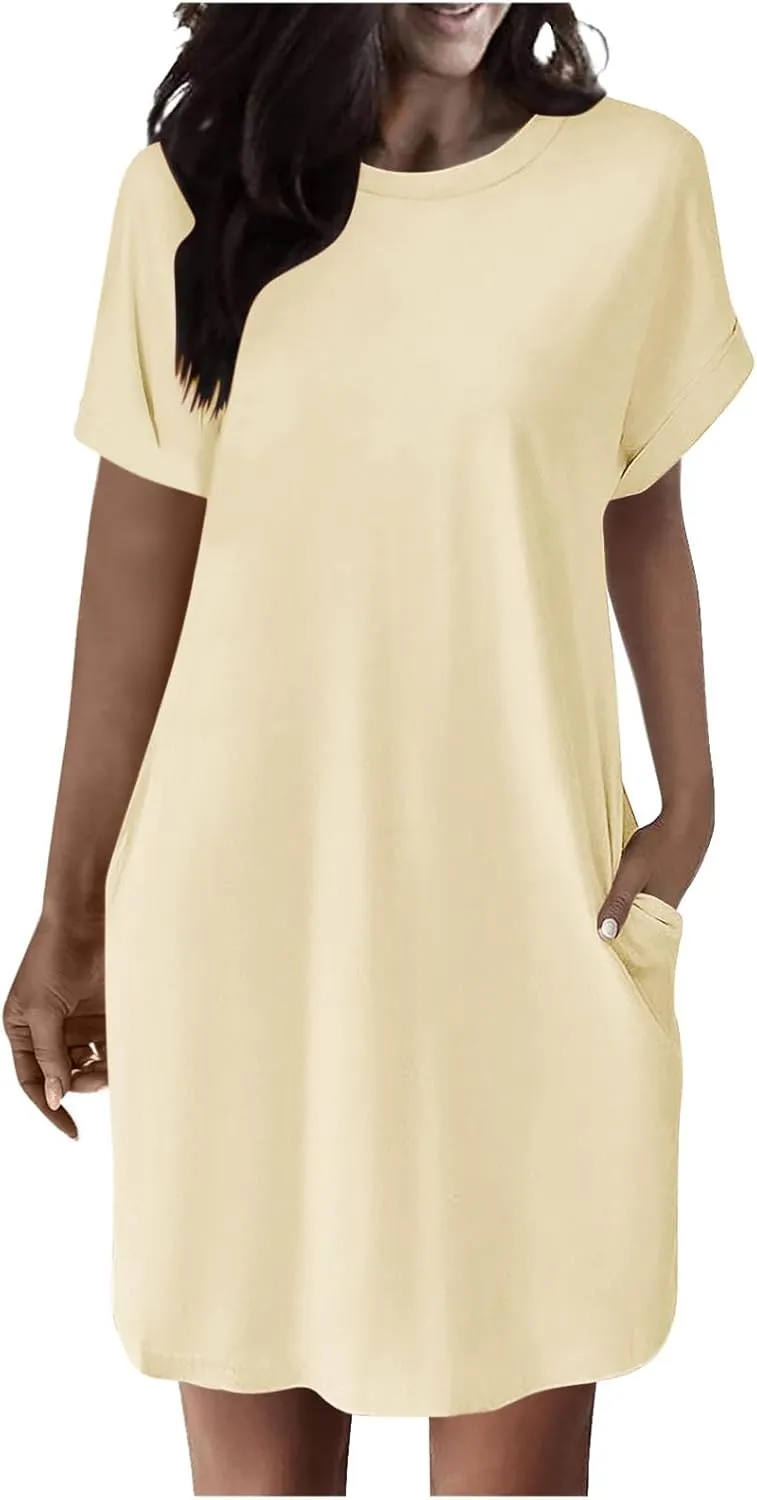Short Sleeve Dresses for Women Summer Trendy Crewneck Tshirt Dress Casual Loose Fit Solid Mini Dresses with Pockets