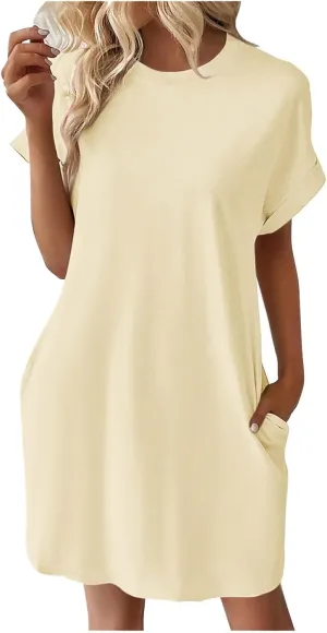 Short Sleeve Dresses for Women Summer Trendy Crewneck Tshirt Dress Casual Loose Fit Solid Mini Dresses with Pockets